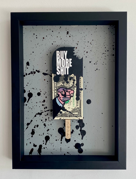 the AXIOMATIC point - Buy More Shit. Finger Pointing Black Lolly.