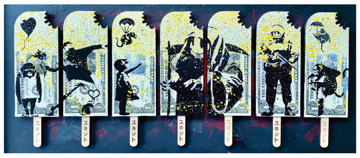the FRIEZE framed  - BANKSY. Homage across 7 lollies.